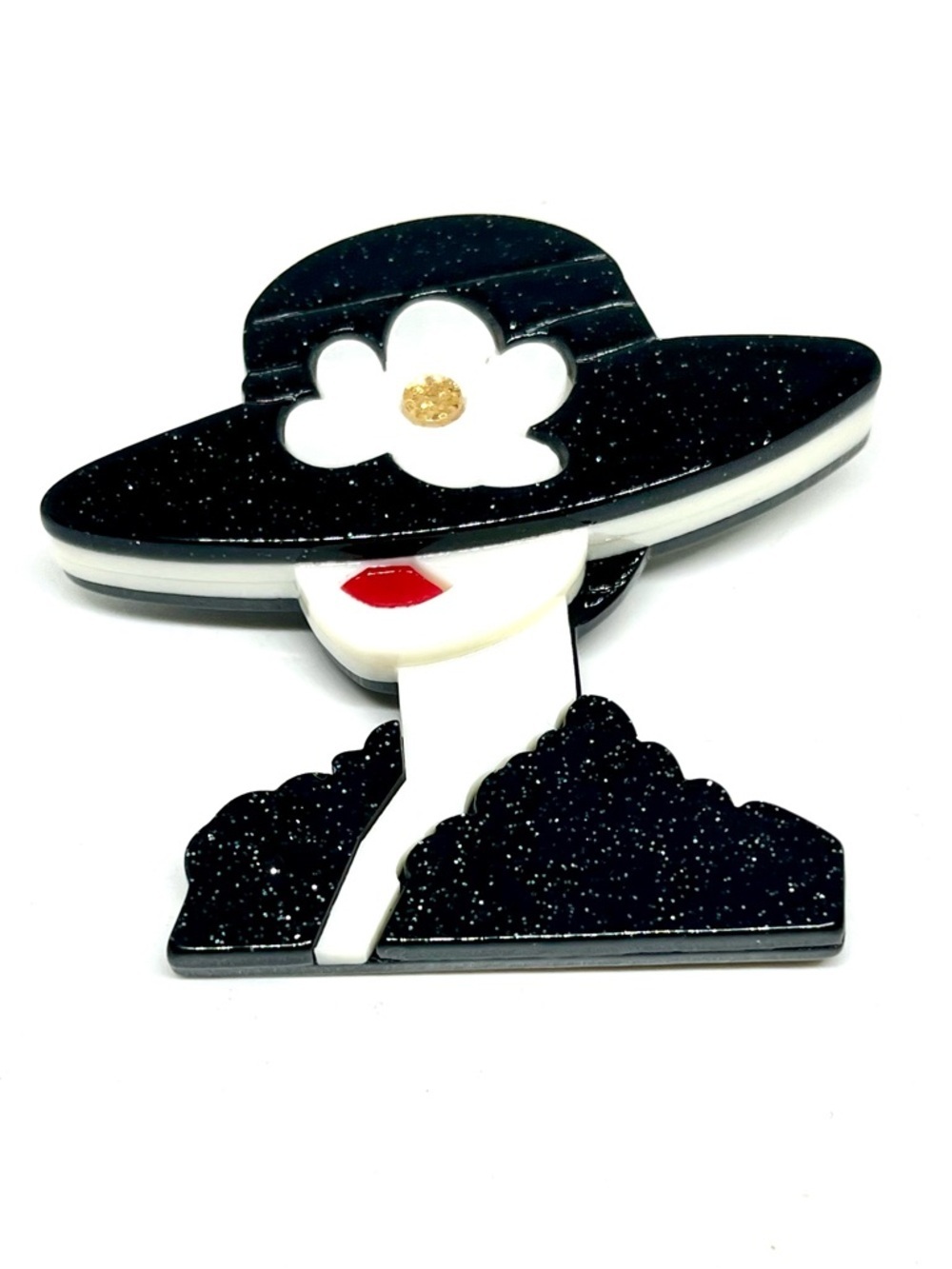 Chic Black & White Lady Brooch with Red Accent